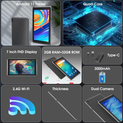 7 inch Tablet, Androi Tablet with, 2GB 32GB 1TB (Expand), Quad-Core, BT, Wi-Fi, Educational, Music