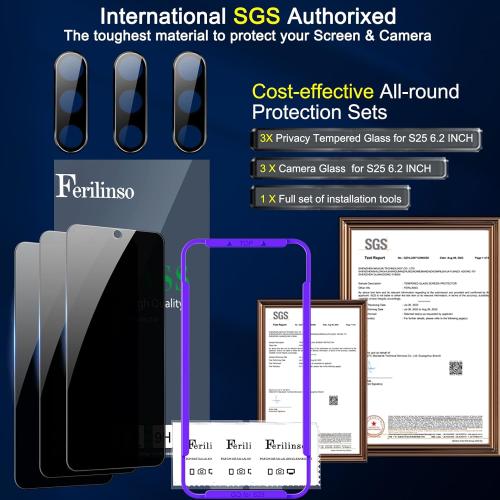 Ferilinso 3 Pack Privacy Screen Protector for Samsung Galaxy S25 Plus with 3 Pack Tempered Glass Camera Lens Protector Phone Case Friendly Accessories Protector de Pantalla for Samsung S25 Plus
