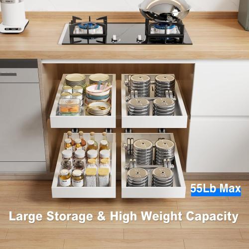 2 Pack Pull Out Cabinet Organizer, 21.8 Deep Slide Out Drawer for Cabinets Adhesive Pull Out Drawers Heavy Duty Pull Out Shelves for Kitchen, Cupboard, Pantry, Bathroom-White