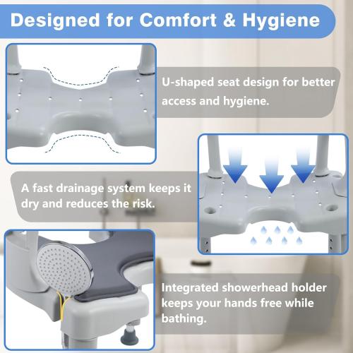Shower Chair for Narrow Bathroom, Bath Stool for Elderly Disabled Adults, with Arms Back Cushion & Seat Cutout, 300 lbs Capacity, Fits 5ft Standard Tub and Small Shower Stall (Grey, Standard)