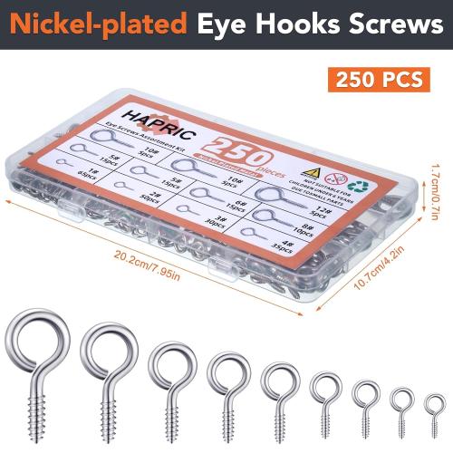 250 Pcs Eye Hook Screw, Screw Eyes 0.75-1.75 Christmas Tree Stand Screws Eye Bolts 9 Size Heavy Duty Eyelet Screw Nickel Plated Self Tapping Screws for Picture Frame