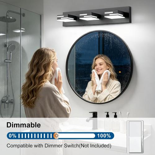 LED Modern Bathroom Vanity Light Fixtures, Dimmable Matte Black Vanity Lights for Bathroom Lighting Fixtures Over Mirror, with 360° Rotatable Acrylic Heads 3-Light 22-inch (Cool White 6000K)