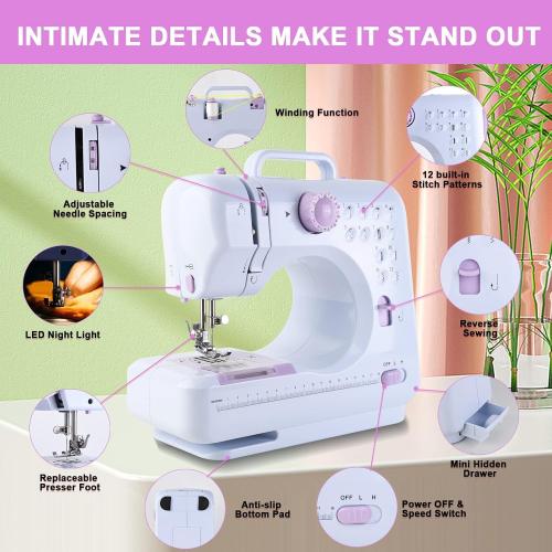 Sewing Machine for Beginners & Kids, Mini Portable Sewing Machines with 12 Built-in Stitch Patterns, 2-Speed Foot Pedal, Perfect for Teaching Daughter to Sew(with 27 Pieces Sewing Kit & Cover)