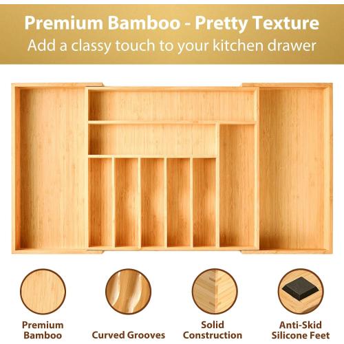 Umilife Extra Large Expandable Kitchen Siverware Utensils Drawer Organizer, 19 Deep for Big Drawer, Adjustable Bamboo Wood Drawer Divider with Curved Grooves, Cutlery Tray Flatware Holder
