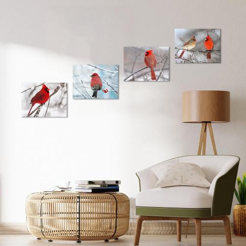 sechars - 4 Piece Modern Canvas Painting Wall Art Birds Red Cardinal on Snowy Branch Pictures Print for Living Room Decor Winter Landscape Poster Christmas Gift Gallery Wrap Ready to Hang
