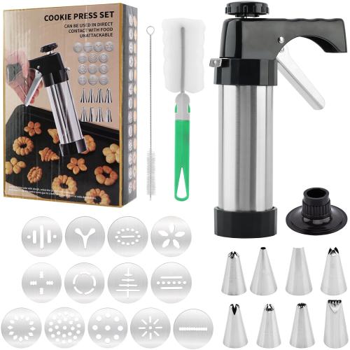 Stainless Steel Cookie Press Gun Kit with 13 Discs & 8 Tips for Baking, DIY Spritz Cookies, Biscuits & Cake Decorating Supplies