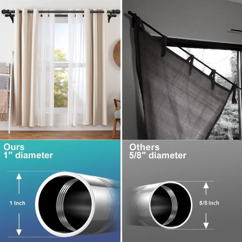 Heavy Duty 1 Inch Black Double Curtain Rod, Splicing Adjustable Design for Windows 66 to 120 Inches, with Snap-On Brackets & Decorative Finials for Sliding Doors & Living Room