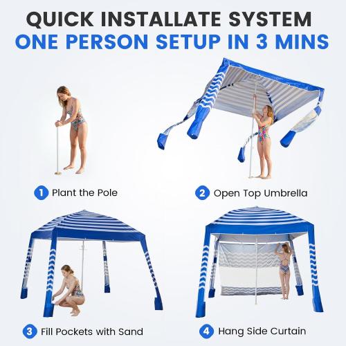 Zeraty Beach Cabana 8'×8', Portable Beach Canopy with Side Wall, UPF 50  Silver-Coated Beach Tent Sun Shelter, Wind Resistant Adjustable Altitude Beach Umbrella Tent for Family, Navy Blue