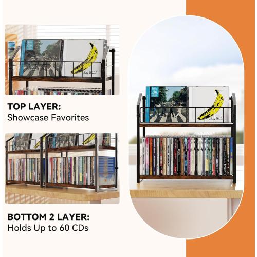 2-Tier CD Holder 2 PCS, CD Storage Shelf for Display, CD Organizer with Dispay Top Shelf, Premium CD Rack for Home, Holds Up to 120 standard, Ideal for Music Enthusiasts (Brown 2PCS)