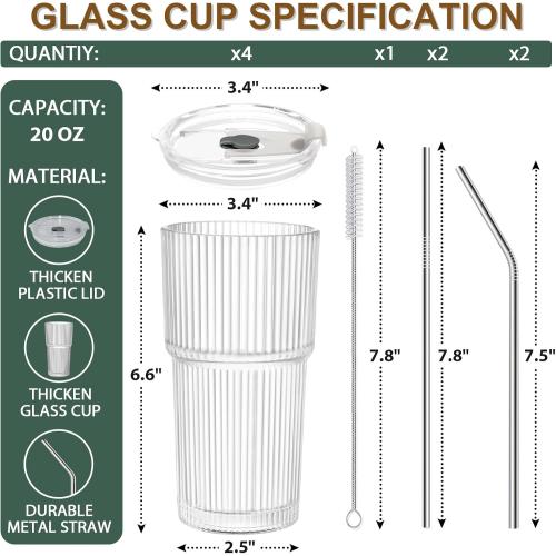 Iced Coffee Cups with Lids and Straws, 20 OZ Glass Tumbler with Straw and Lid, Clear Ribbed Glass Cups Reusable to Go Coffee Tumbler for Matcha, Smoothie, Cocktail,Latte, 4 Pcs MISSING ACCESSORIES