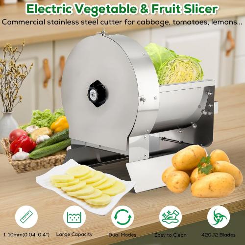 2-in-1 110V Electric Vegetable and Fruit Slicer, Adjustable Thickness 0.04-0.4, Commercial Stainless Steel Cutter for Cabbage, Tomatoes, Lemons
