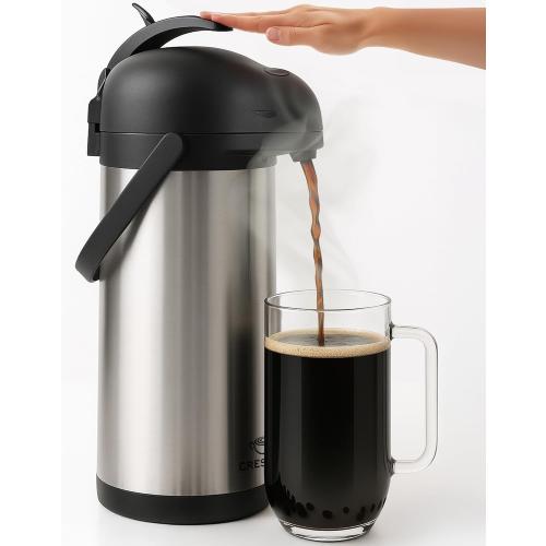 Cresimo Coffee Carafe with Pump - 102oz / 3L Airpot 12 Hours Large Hot Water Carafe, Cocoa Dispenser for Parties - Tea Flask, Insulated Stainless Steel Air Pots for Hot Beverage Dispenser -Coffee Pump