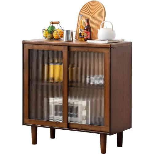 Welnow Buffet Cabinet, Bamboo Sideboard with Storage Kitchen Display Cabinet with 2-Tier Shelves Boho Coffee Bar Tables for Kitchen, Living Room, Entryway, Office, Walnut | 32.7H, 2-Tier Storage,Coffee Bar Cabinet with Fluted Glass Doors, Sideboard Cabinet for Kitchen, Living Room, Entryway