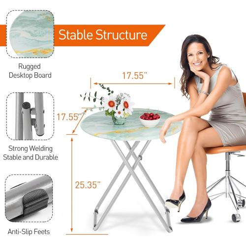 TV Tray Round Table, Small Foldable Table, Portable Dinner Table for Eating, Snack Side Trays Table Set of 2, No Assembly Required (Ocean Blue Marble, 2Pcs)