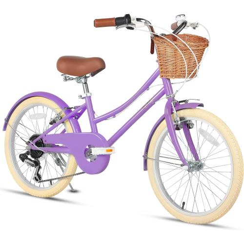 Color purple Glerc 20 24 26 Inch Beach Cruiser Bike, 6-Speed Hybrid City Bicycle for Girls Youth and Over 6 Years Old, Missy Bike with Wicker Basket & Lightweight, Multiple Colors