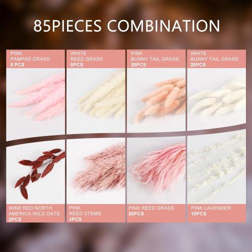 N&T NETING 85Pcs Pink Pampas Grass Decor, Natural Dried Floral Pampas Grass, Boho Home Decor, Fluffy Dried Pompas Grass for Home Wedding Boho Beach Theme Bedroom Decor
