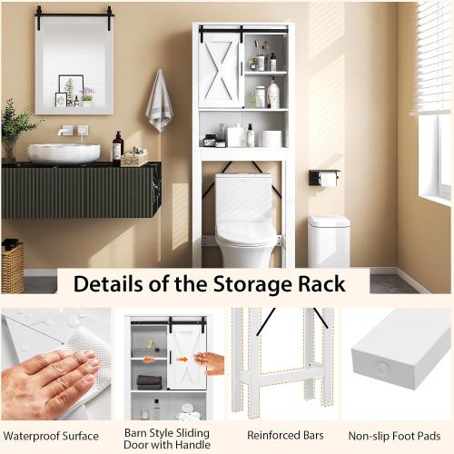 3-Tier Over The Toilet Storage Cabinet, Freestanding Bathroom Organizer Shelf with 3-Position Adjustable Shelves, Above Toilet Organizer with Sliding Barn Door, Space Saver, White