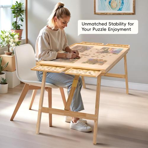 TEAKMAMA 27.6 H Tall 2000 Piece Puzzle Table with Legs, 41 W x 28.5 D Large Wood Folding Jigsaw Puzzle Board with Cover for Adults, 4 Drawers, Nature