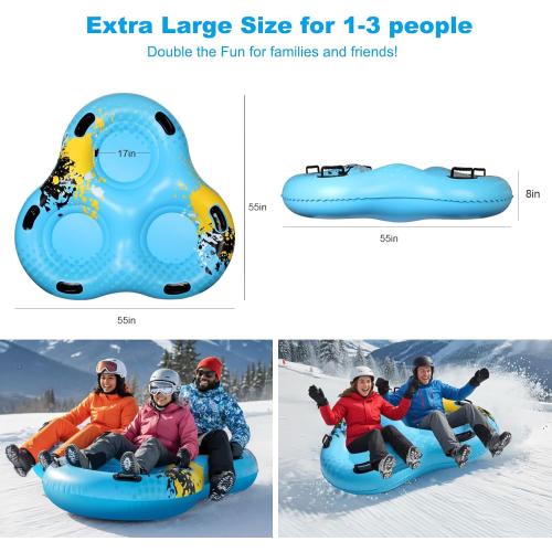 3-Seat Snow Tube Sled, 55 Inflatable Heavy Duty Snow Sled for Adults, Thickened Bottom Snow Tubes with 6 Reinforced Handles, Winter Outdoor Family Christmas for Sledding Gifts