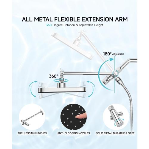 High Pressure Rain Shower Head with Handheld Spray Combo Set, Adjustable 12 Rainfall Dual Shower Head, Double&Tandem Shower Head, Waterfall Showerhead Bathroom -Silver Chrome