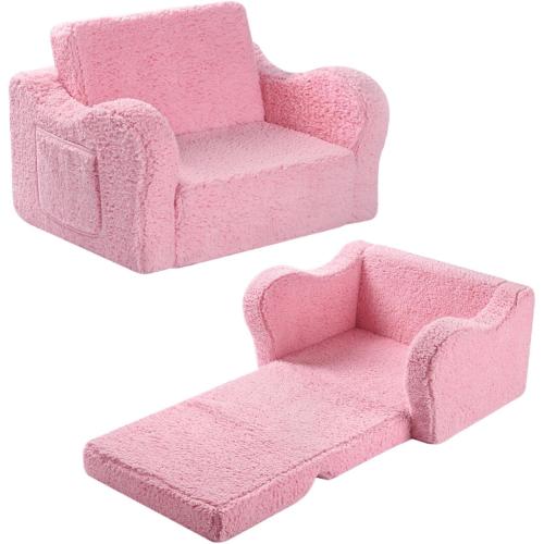 Kids Sofa, 2-in-1 Flip-Out Foam Couch with Soft Sherpa Cover, Cozy Play Lounge Chair, Pink