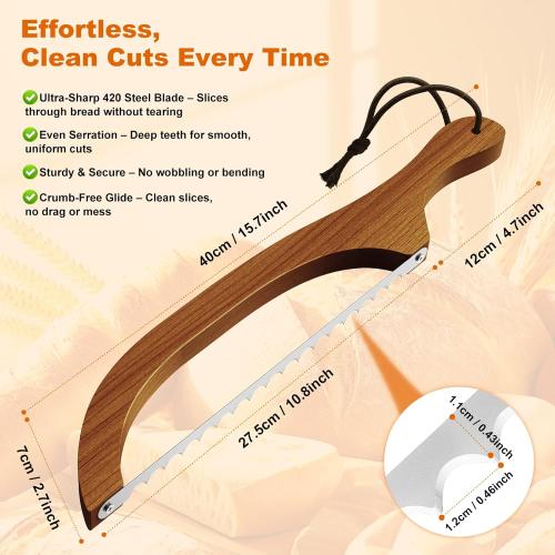 Bread Knife for Homemade Bread – 16 Walnut Bow Bread Cutter with Ultra-Sharp Serrated Stainless Steel Blade, Sourdough Bread Knife for Bagels, Baguettes, and Rustic Loaves - Walnut Color