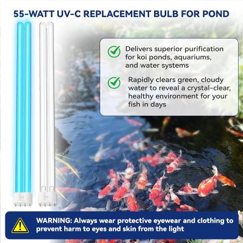 2 Pack 55 Watts UV Light Bulb, 2G11 Base-4 Pin for Koi Pond & Aquarium Clarifiers, Compatible with Oase Bitron 55/110, Aqua Medic Helix Max 55, Jebo, Jebao pu55, cw55, SUNSUN 55W