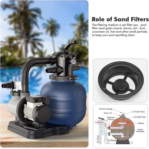 BLUBERY 13 Sand Filter with 1/3HP Pump System, Handy 7-Way Valve for Above Ground Pools with Prefilter Pool Pump, 115V, 23FT Cord for Easy Installation, GSF01A