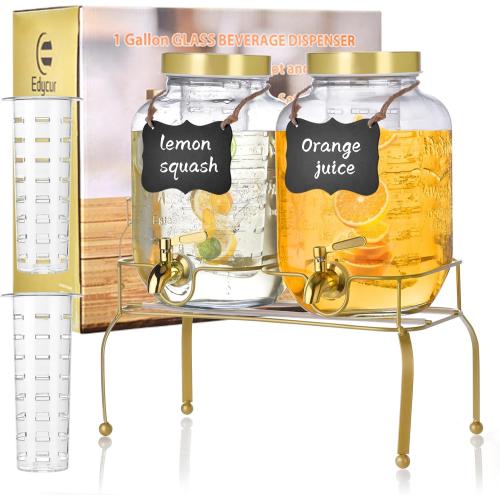 Set of 2 Size 1 Gallon Glass Drink Dispenser Set of 2 – Drink Dispensers for Parties, Christmas, Beverage Dispenser with Stand & 100% Leakproof Spigot, Ideal for Lemonade, Juice, Laundry Detergent Dispenser