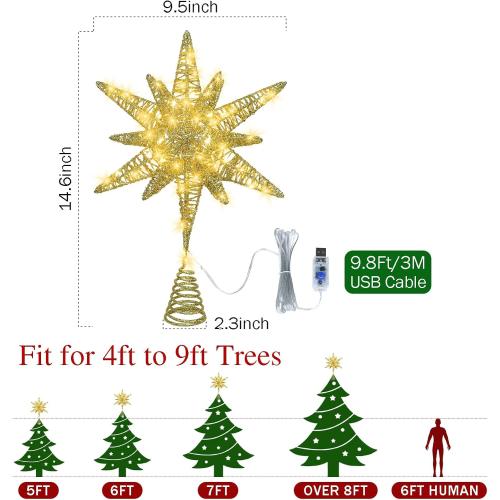 15 Inch Christmas Tree Star Topper with 60 LED Timer Lights & Remote, 18-Point USB Powered Lighted Gold Moravian Star Tree Topper for Indoor Holiday Party Xmas Tree Decoration