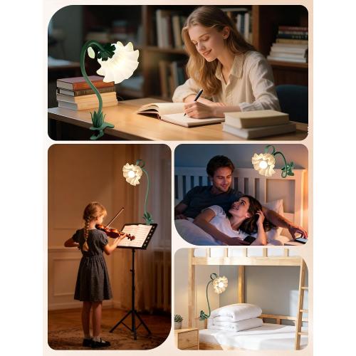 ONXE Clip On Light and Flower Desk Lamp, Flexible Gooseneck Reading Book Light with 3 Color Modes Cute Table Lamp Decor, Clip on Bedside Lamp for Bed Headboard,Table, Nursery,Dorm (Green-02)