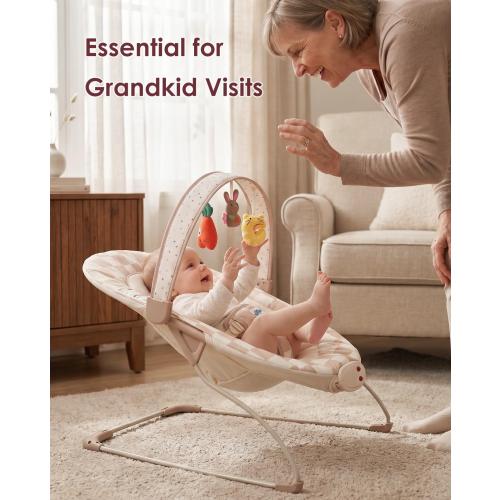 Tiny Marvels Baby Bouncer, Baby Bouncer Seat with Music for 0-6M, 20lbs | Soothing vibration, sensory toys, 3-point safety harness, machine washable seat, melodies 0–6 months, baby boy