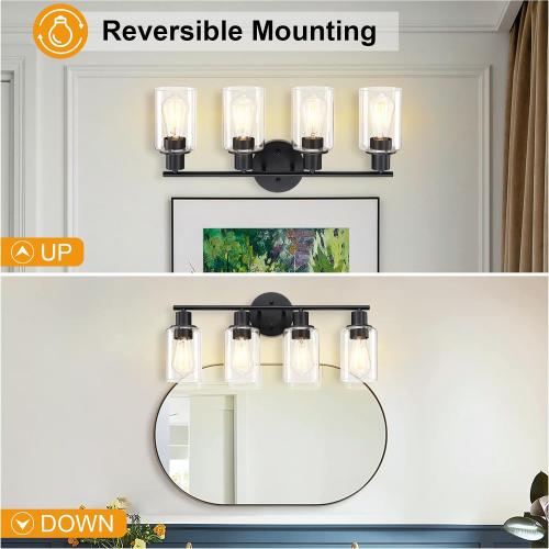 Pia Ricco Bathroom Vanity Light Fixtures, 4-Light Black Vanity Lights with Clear Glass Shades, Modern Wall Sconces Over Mirror, Bath Wall Sconces for Mirror Living Room Bedroom Hallway‼️doesn't come with light bulbs‼️
