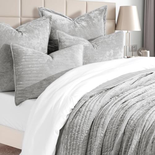 EVERGRACE Velvet Quilt Set King Size, Luxurious Soft Striped Channel Bedding Set, Lightweight Velvet Comforter for All Season, Oversized Bedspread Coverlet with 2 Matching Shams, Frost Gray