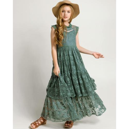 Green Size 4 BIBIHOU Girls Kids Lace Back Full-Length Backless Tulle Party Holiday Formal Flower Girl Dress