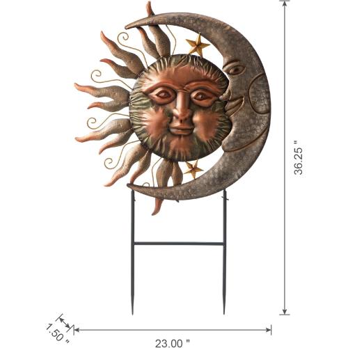 Glitzhome 36.25H Metal Sun and Moon Yard Stake, Bronze Rustic Sun and Moon Garden Stake or Antique Wall Decor