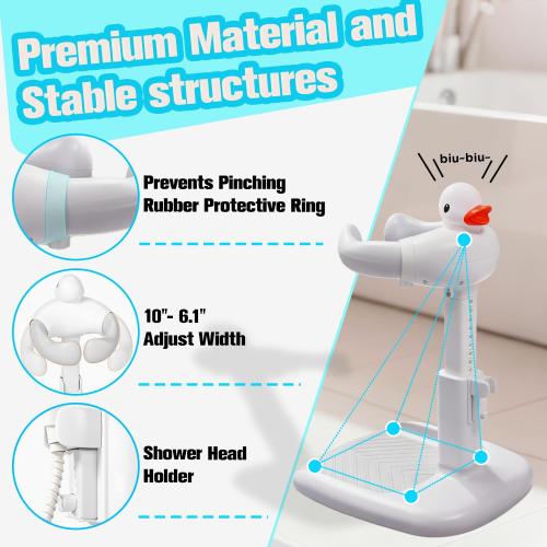Adjustable Baby Shower Stand Support - Safety & Non-Slip Baby Bath Stand, Toddler Shower Stand for Infants 6-36 Months, Standing Bathtub Max 55 Lbs Capacity, Includes Shower Cap and Stool(Grey)