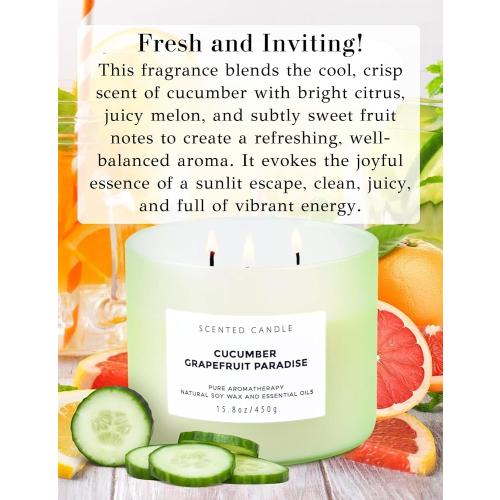 Cucumber Grapefruit Paradise 3-Wick Scented Candle | Large Soy Candle for Home 15.8 oz | Fresh Fruity Citrus Summer Aromatherapy Candle, Long Lasting Stress Relief & Relaxation Candles for Men & Women