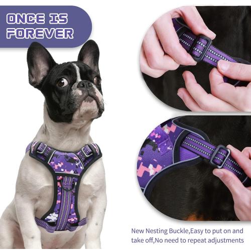 Size M No Pull Dog Harness for Medium Dogs, Adjustable No Choke Pet Vest with Dog Leash Fit Smart Reflective Pet Walking Harness for Training Easy Control Soft Handle Purple Camo