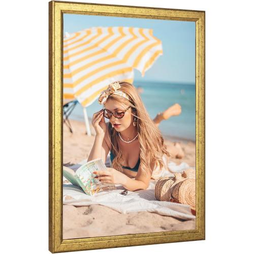 GOLD Wood 14x17 Frame Gold, Ornate Natural 17x14in Poster Picture Frame, Modern Golden 14 x 17inch Gallery Wall Photo Frame with HD Plexiglass, Horizontal Vertical Wall Mounting Display 1pcs