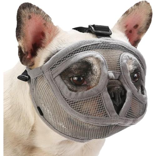 Size Small BARKLESS Short Snout Dog Muzzle, Breathable Mesh Flat Faced Muzzle for French Bulldog Shih Tzu and Pug, Mask Bulldog Mouth Cover for Biting Chewing Licking (Grey, S)