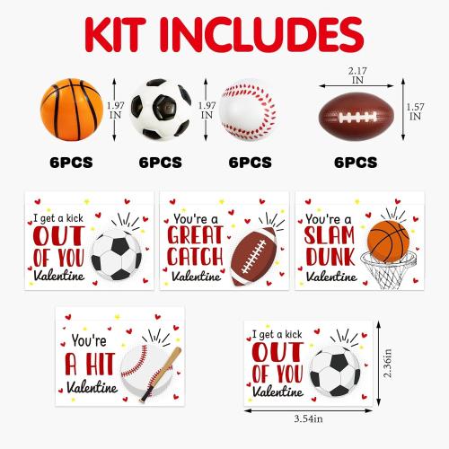 Valentines Day Gifts for Kids - 24 Pack Stress Balls with Valentines Day Cards for Kids School - Football Soccer Baseball and Basketball for Boys Girls Toddler Classroom Exchange Party Favors