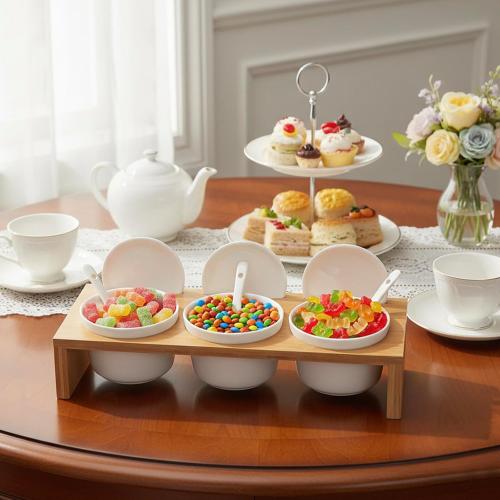 MyGift 10 Pcs Sauce Serving Dish, Hosting Party Essentials Host Gift, 3 Ceramic Ramekin Chip Dip Bowls with Lids & Spoons, Premium Bamboo Server Tray, Condiment Pot Entertaining