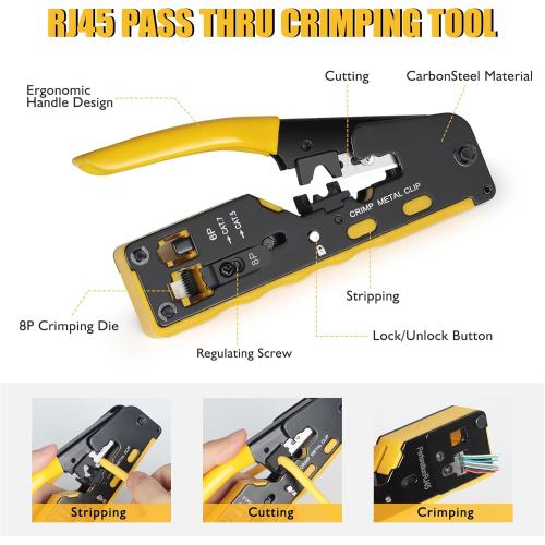 Yellow Wakhow RJ45 Crimp Tool Kit, Ethernet Pass Through Crimper, Network Cat5 Cat6 Cat7 Crimping Tool Repair Kit Includes Cable Tester, Mini Stripper, Blades, 50Pcs Connectors and Strain Relief Boots