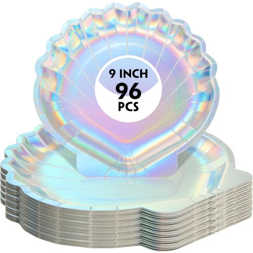 Set of 96 Color silver Zopeal 96 Pcs Mermaid Paper Plates Seashell Plates Party Supplies 9 Inch Disposable Iridescent Holographic for Girl Kids Birthday Party Decorations