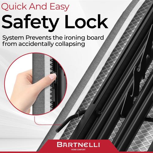 Bartnelli Ironing Board Made in Europe | Iron Board with 4 Layered Cover & Pad, Height Adjustable up to 36 Features A Safety Iron Rest, 4 Steel Legs, for Home Laundry Room or Dorm Use (43x14)