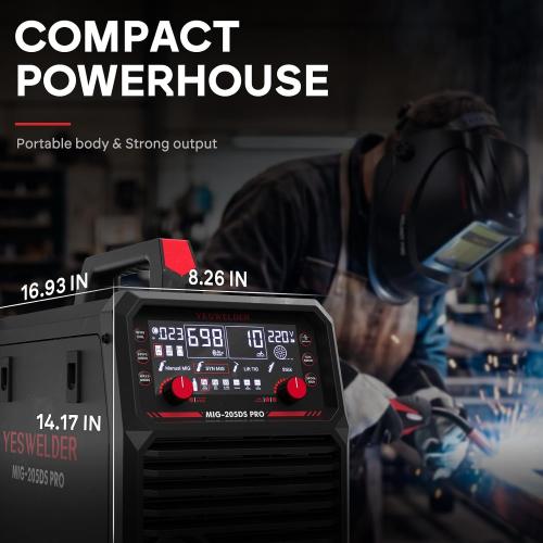 YESWELDER 205A MIG Welder, 110V/220V Dual Voltage, 5 in 1 Gas MIG/Flux Core MIG/Spool Gun MIG/Lift TIG/Stick Multiprocess LED Digital Display Aluminum MIG Welding Machine MIG-205DS PRO