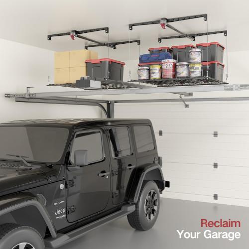 Overhead Garage Storage Rack for 8-10 FT Ceiling, Heavy-duty 4x4 FT Ceiling Storage Racks with Safety Lock, Ideal for Garage Storage Mounted Lift System and Storage Organizer, 250lbs Capacity