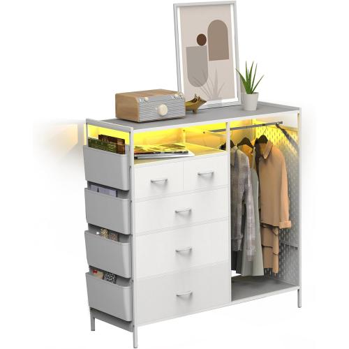 5-Drawer Wardrobe Dresser for Bedroom with Clothes Rack & Side Pockets, Wood Top Organizer with Charging Station & LED Lights, Sturdy Steel Frame – Ideal for Nursery, Closet, Hallway Storage