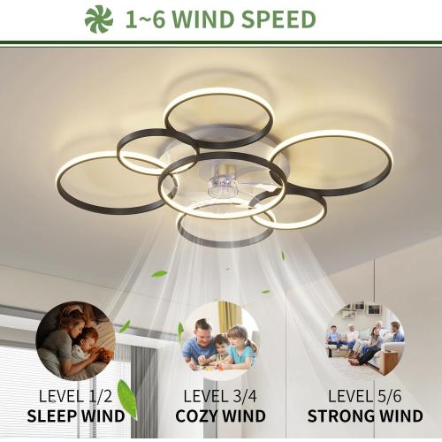 41 Modern Ceiling Fan with Lights, Flush Mount Ceiling Fan with Tri-Color Light 6-Speed Wind, Low Profile Ceiling Fans with Led Light and Remote Control for Living Room Bedroom Dining Room